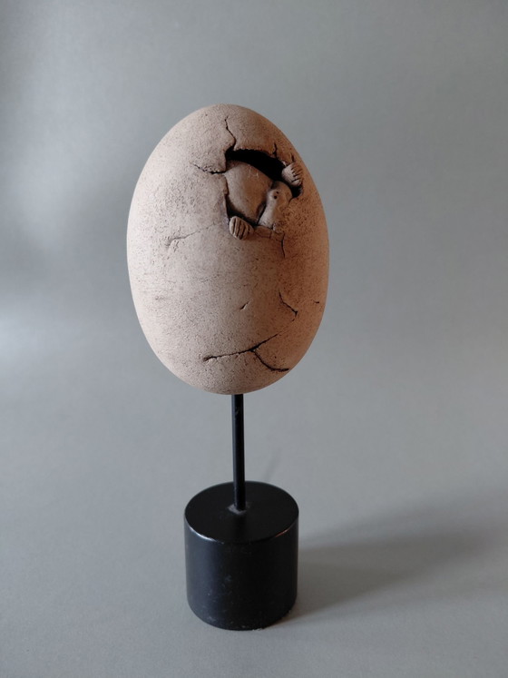 Exclusive Handmade Ceramic Sculpture, 'New Life' on Museum Base, Beige (photo 4 of 7)