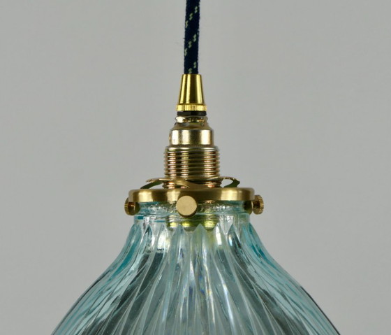 Image 1 of Ribbed ceiling lamp in light blue Holophane glass with brass shade support
