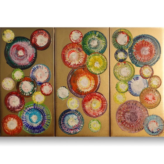 Image 1 of Cuadro abstracto dorado A1280 - tríptico listo para colgar