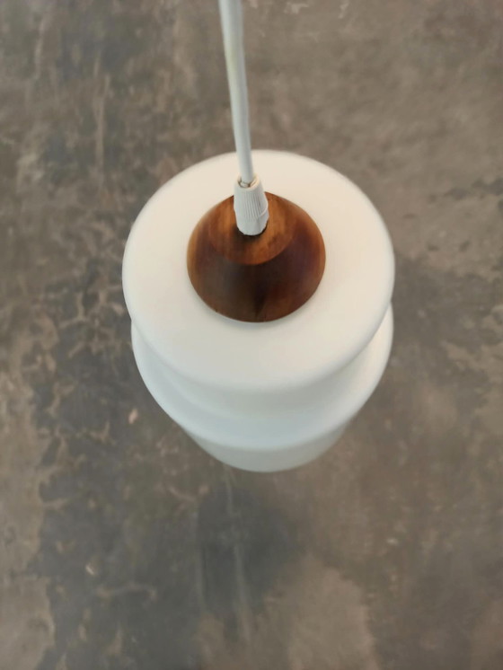Vintage opaline glass and wood pendant lamp, Brown (photo 6 of 14)