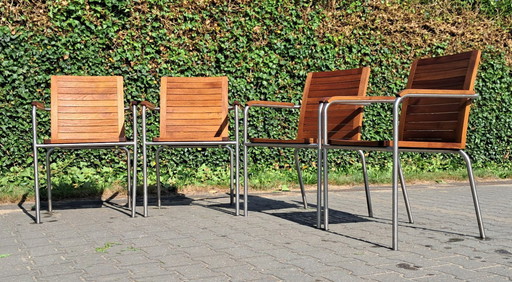 4 Teak with stainless steel garden chairs, stackable