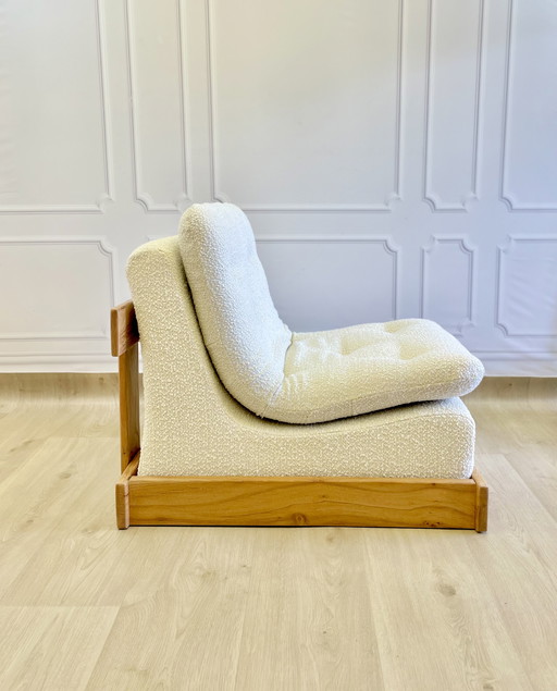 Poltrona brutalista in rovere vintage – tessuto bouclé ecrù