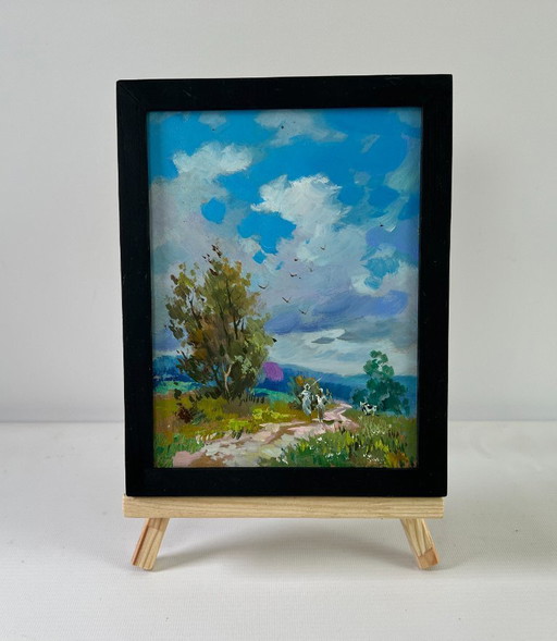 Original Oil Painting Summer Nature Landscape Path to the sky