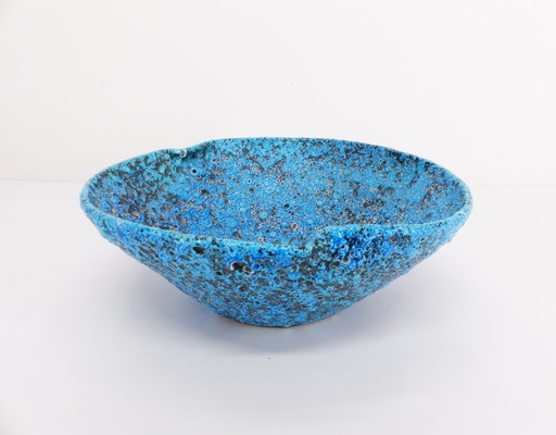 Fruttiera in ceramica con smalti color schiuma di mare, blu turchese, anni '50