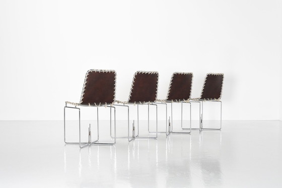 Image 1 of Ungewöhnliche Esszimmerstühle aus Leder und Seilen Italien 1970