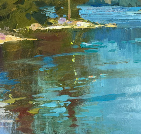 Image 1 of Peinture à l'huile originale Paysage d'été au bord d'une rivière Eaux silencieuses de la forêt
