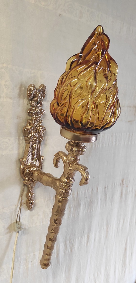 Image 1 of Torch-style wall sconces in gilded cast aluminum and glass - mid-20th century