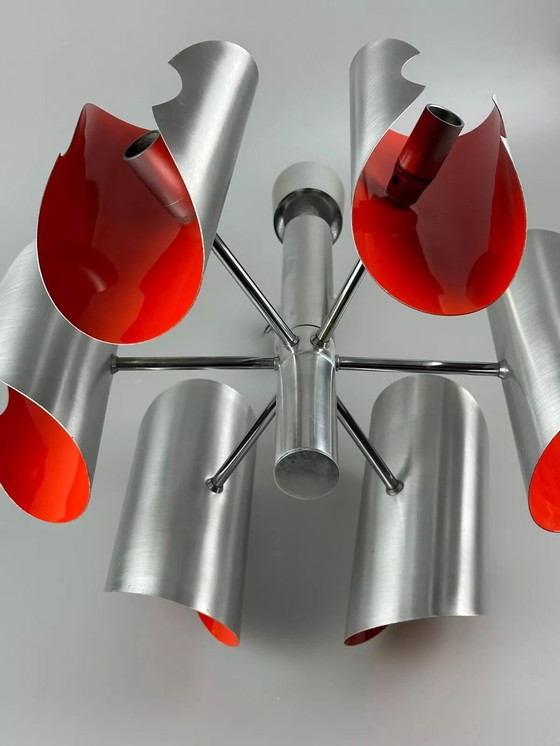 Image 1 of 60's 70's Lustre Sputnik à 6 flammes en métal Chrome Space Age Design