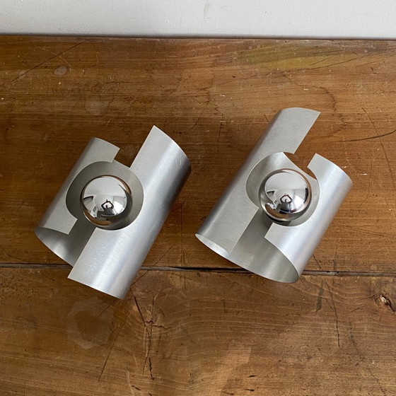 Pair of Oxar Wall lights. 1970. Brushed stainless steel., Metal, Silver (photo 4 of 7)