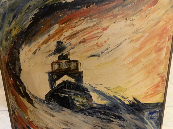 Pintura firmada, titulada 'Tormenta en el Mar'. – Arte, Madera, Lienzo (photo 8 of 10)