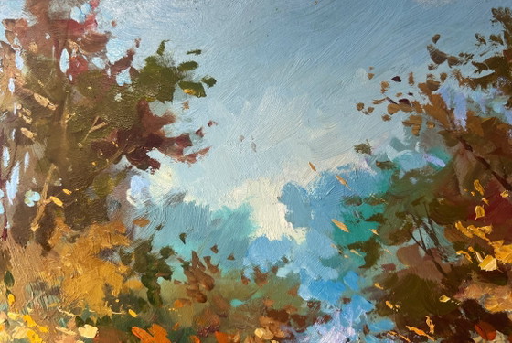 Image 1 of Peinture à l'huile originale, paysage forestier d'automne, promenade en forêt d'automne