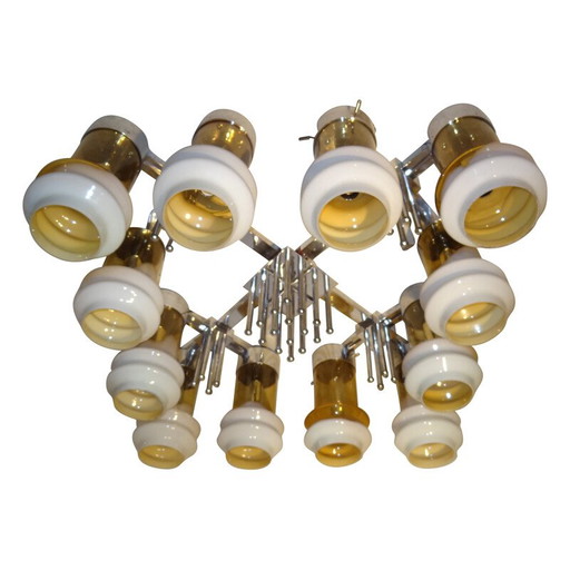 Lampada da soffitto vintage in metallo e vetro, 1970