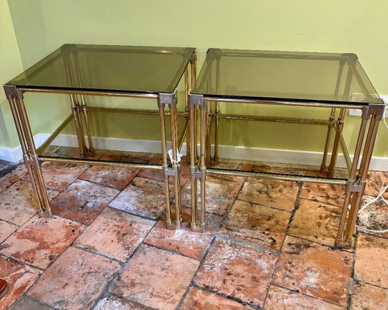 Pair of vintage Hollywood Regency style side tables, in brass and glass, dating from the 1970s. – Metal (photo 16 of 19)