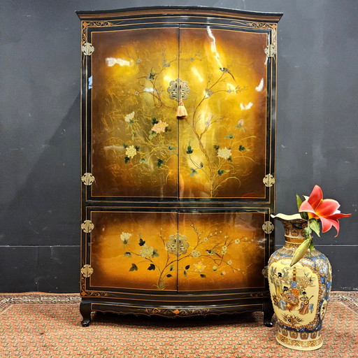 Vintage Chinese cabinet birds, flowers gold leaf bohemian cabinet / oriental cabinet / chinese cabinet