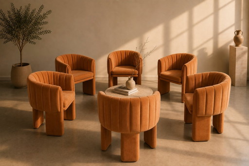 Set of 6 designer dining chairs | Sculptural design | Sand colour