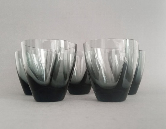 Image 1 of Rare SGHR Sugahara Japanese organic handmade blue smoked glass 'old fashioned' glass set Japan 1970s