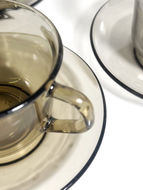 Image 1 of 4x Vintage Arcoroc Mokken van gerookt glas, grijsgroen, Frankrijk, set uit de jaren 80/90, Luminarc