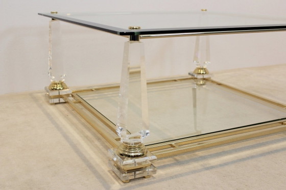 Lucite, Messing en Glas Obelisk Salontafel, Koffietafelboeken, Hollywood Regency (foto 10 van 10)