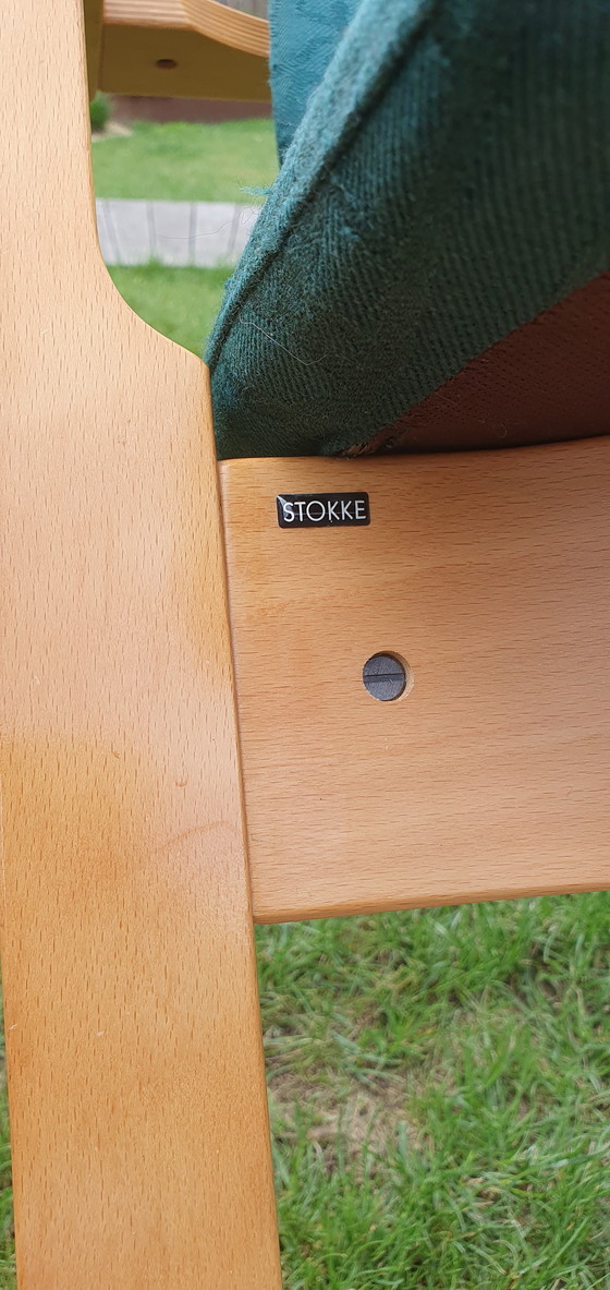 Image 1 of Actulum (4x) - Stokke (Varier) - Ergonomically shaped rocking chair by Peter Opsvik - green upholstery and wooden frame