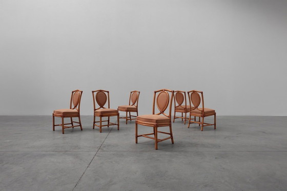 Image 1 of Set of 6 bamboo dining room chairs with geometric upholstery by Gasparucci, Italy 1980s