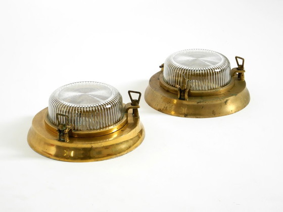 Image 1 of A pair of large, heavy 1950s original maritime ship wall lamps made of brass and glass
