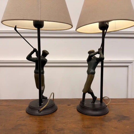 Set di Lampade da Tavolo Golfers in Bronzo, Legno, Klassiek (foto 9 di 9)