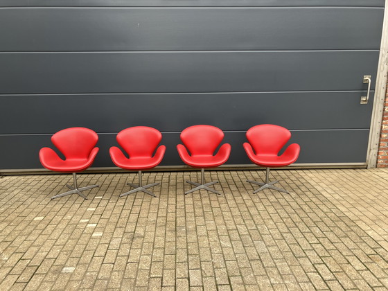 Image 1 of 4X Original Red Leather Fritz Hansen Swan Chairs Top condition!