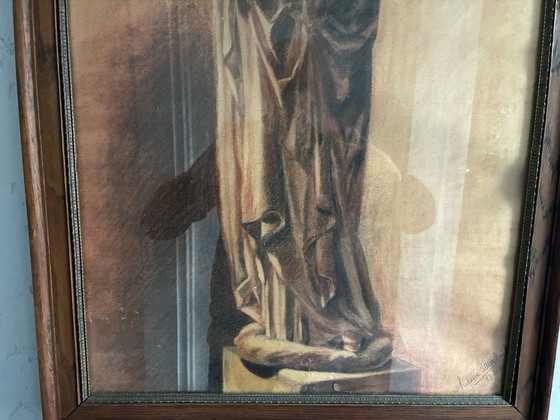 Sepia pastel drawing of a saint figure, dated 1930, oak frame, Paintings & Drawings, Wood, Glass, Brown (photo 3 of 5)