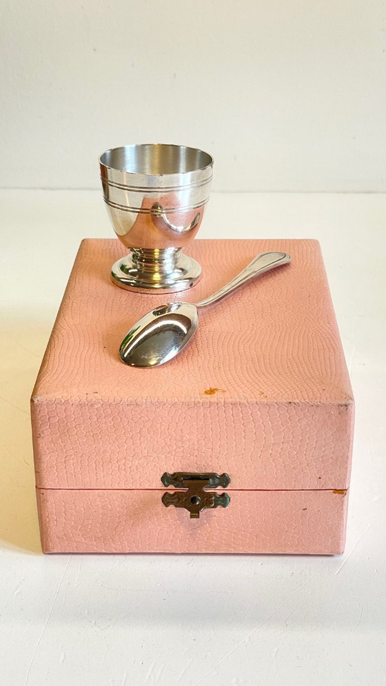 Image 1 of Vintage Silver-Plated Metal Egg Cup and Spoon for Birth