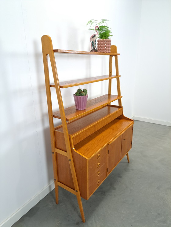 Image 1 of Teak Veneer Cabinet From Sweden With Drawers, Shelf And Extendable Shelf