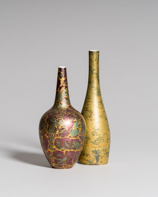 Helmut Drexler Hand-Painted Porcelain Vase Duo – Intricate Lilac-Green with Gold Detailing
