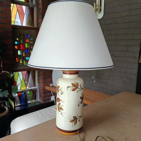 Image 1 of Large 1970s Hand-Painted Ceramic Table Lamp Ø40 cm – Floral Pottery Lamp