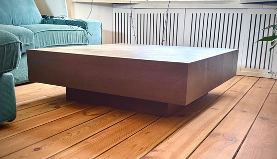 Beautiful solid wood coffee table, Floating block design in brutalist style (100 x 100 cm), Metal, Brown (photo 4 of 8)