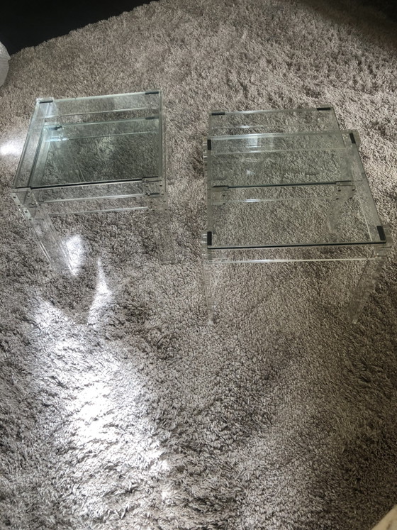 Image 1 of 2x 2 Vintage Eclectisch Plexiglas/glazen bijzettafels