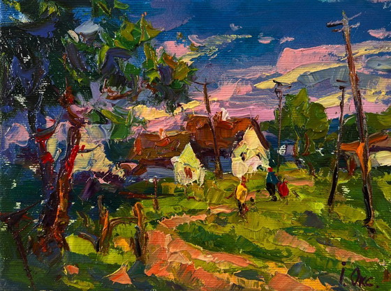 Image 1 of Original Oil Painting Rural Evening Landscape Edge Of The Village