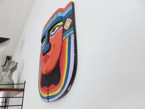 Image 1 of Masque aztèque « Laurel Burch », maya, bois peint à la main, pop art, 1980