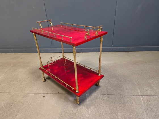 Image 1 of Rare chariot de service italien en cuir de chèvre laqué et parchemin, signé Aldo Tura, années 1960