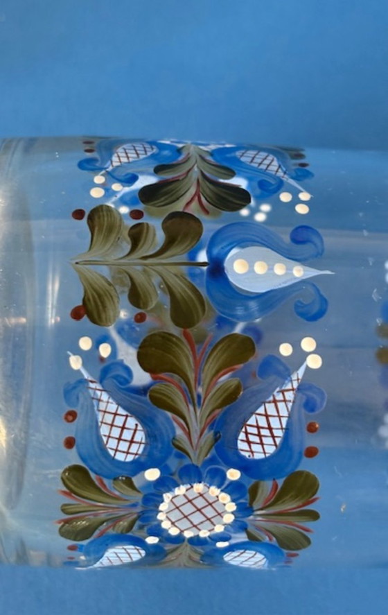 Image 1 of Unique hand-painted crystal carafe with 4 glasses, vintage