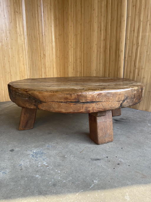 Vintage Massief Eiken Brutalist /Wabi-Sabi Ronde Salontafel