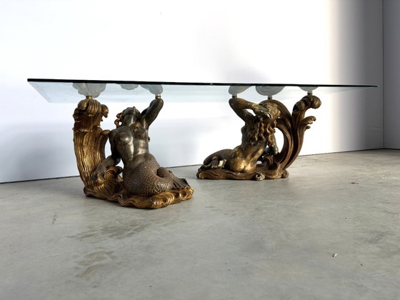 Vintage Gilt Wood Mermaid Coffee Table, 1960s - Italy, Glass, Brown (photo 9 of 13)