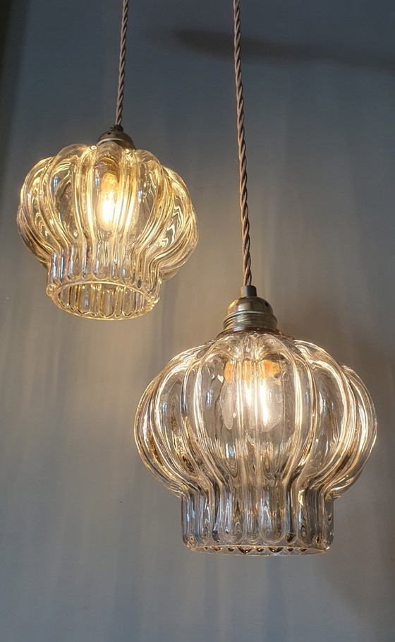 Image 1 of Set of two vintage floral pendant lamps in lantern shape. Mid Century