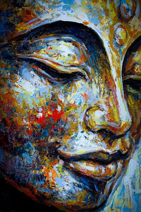 Image 1 of Unique hand-painted Buddha painting “Golden Serenity” – Seksak Jaichumchen – 80×100 cm