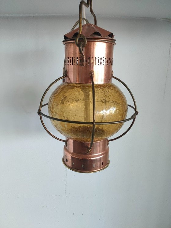 Ship's lantern 360 degrees with spherical amber crackle glass, Pendant lamps, Copper, Yellow, Vintage (photo 5 of 12)