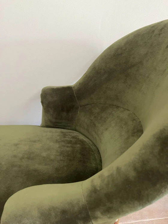 Chaise longue vintage in velluto verde scuro con frange multicolori. – Wood, Velvet, Art Nouveau (photo 17 of 18)