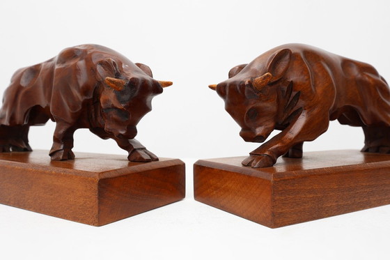 Image 1 of Coppia di fermalibri Art Déco in quercia a forma di toro, Francia, anni '30