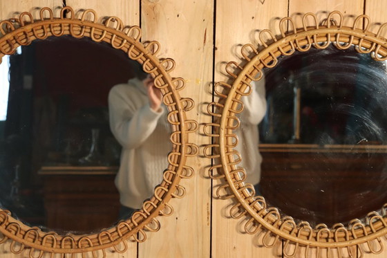 Image 1 of Paire de miroir rotin rond par Franco Albini Italie 1950