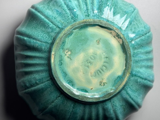 Faïenceries de Thulin, Art Deco Turquoise Ceramic Centrepiece with Drip Glaze, Belgium, circa 1930s (photo 10 of 13)