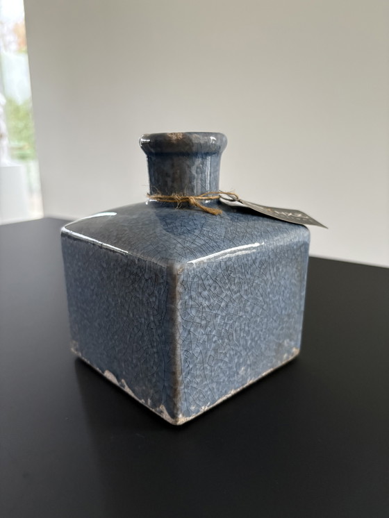 Image 1 of Decorative block vase in rough, blue crackle glaze, brand Brynxz