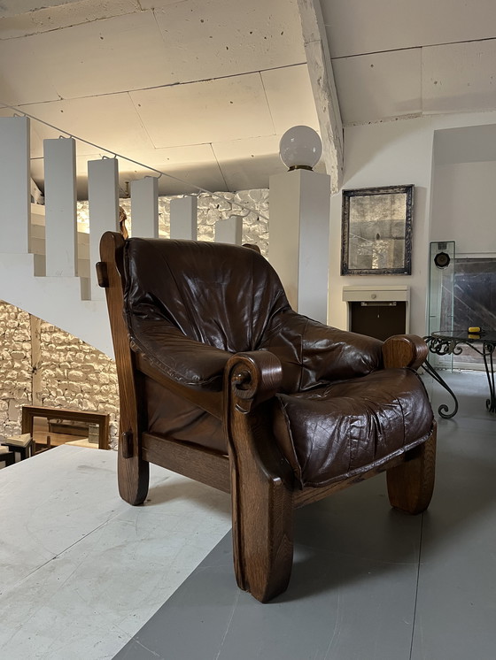 Image 1 of Conjunto de sofá y 2 sillones de los años 60 en madera y cuero