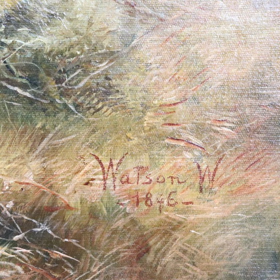 Image 1 of Large Oil Painting on Canvas, Herd of Cattle, Signed Watson W. 19th Century